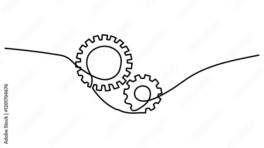 Fototapeta premium Continuous one line drawing of machine gear. One line drawing illustration of gear wheel, Interlocking Gears Continuous One Line Drawing Vector illustration