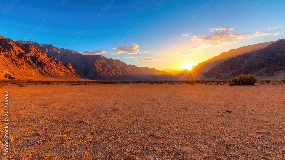 Fototapeta premium Desert sunset landscape, mountains, valley, warm light, travel photography