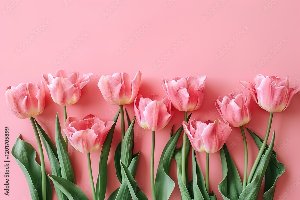 Fototapeta premium Bouquet of pink tulips flowers on pastel pink background. Elegant composition spring flowers. Happy Women's Day, Mother's Day, Valentine's Day, Easter, Birthday. Flat lay, top view, blank space