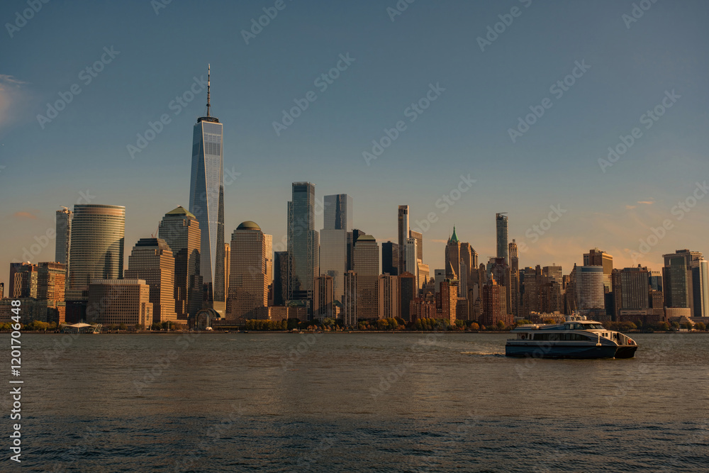 Fototapeta premium New York City. One World Trade Center. WTC memorial. View from New Jersey. Skyline of World Trade Center. New York City downtown.
