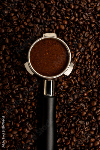 Portafilter with coffee grinds on coffee beans 
