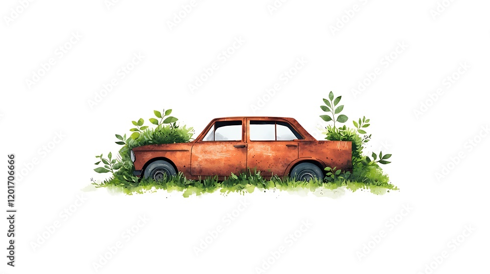 An abandoned rusted car overtaken by plants symbolizing nature reclaiming through oxidation An abandoned rusted car overtaken by plants symbolizing nature reclaiming through oxidation