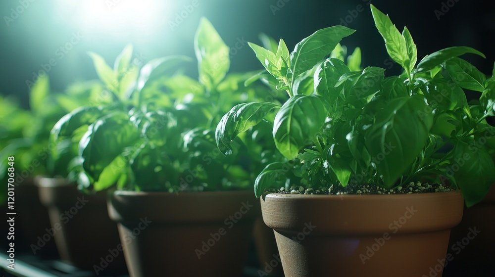 Lush basil plants in terracotta pots under grow lights. Lush basil plants in terracotta pots under grow lights.