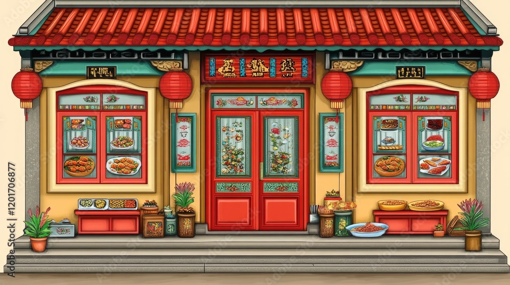 Asian restaurant facade, bustling street, vibrant food displays, travel destination Asian restaurant facade, bustling street, vibrant food displays, travel destination
