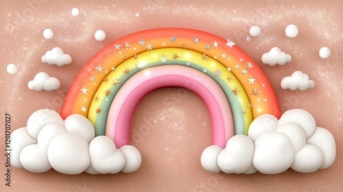 Colorful 3D rainbow with clouds and glitter on a pastel background. photo