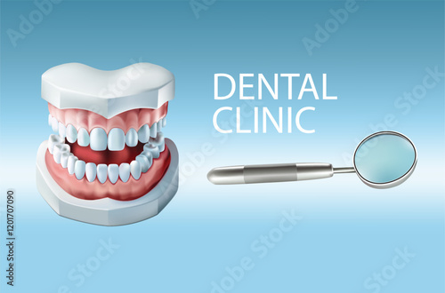 Tooth model and magnifying glass on a blue background, Vector illustration