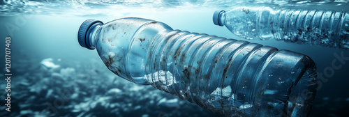 Plastic waste in the sea. Pollution of the world's oceans, marine debris. Marine junk. Plastic trash bottles in the ocean water. Plastic marine debris. Plastic pollution of the sea.