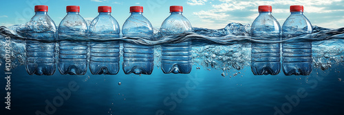 Plastic waste in the sea. Pollution of the world's oceans, marine debris. Marine junk. Plastic trash bottles in the ocean water. Plastic marine debris. Plastic pollution of the sea.