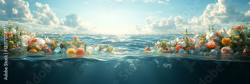 Plastic waste in the sea. Pollution of the world's oceans, marine debris. Marine junk. Plastic trash bottles in the ocean water. Plastic marine debris. Plastic pollution of the sea.