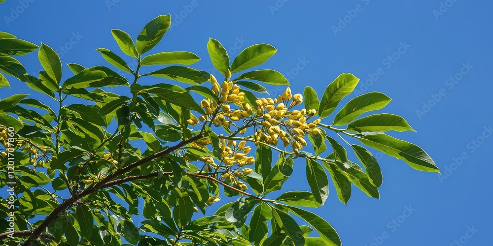 Close-up of tree branches with green leaves against a bright blue sky, symbolizing the beauty of nature. Close-up of tree branches with green leaves against a bright blue sky, symbolizing the beauty of nature.