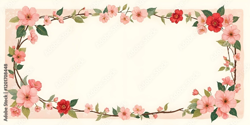 Fototapeta premium Elegant floral frame design with beautiful accents and pastel tones. Decorative background and ample copy space make it ideal for wedding invitations, greeting cards, branding, or timeless creative