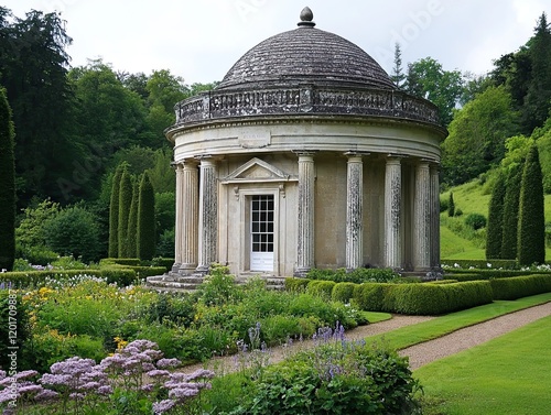 Grecian temple garden, summer, England, landscaping, serenity, stock photo photo