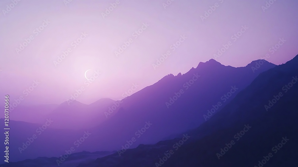 Obraz premium Purple Mountain Sunset Landscape with Crescent Moon