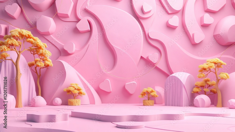 Dreamy Pink Abstract Landscape with Miniature Trees and Geometric Shapes Dreamy Pink Abstract Landscape with Miniature Trees and Geometric Shapes