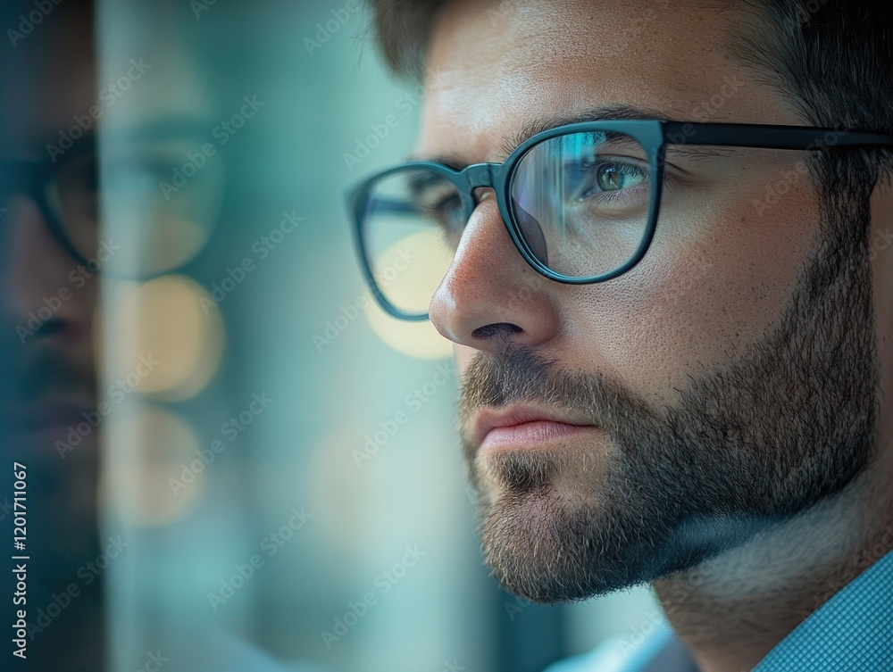 Businessman Staring Intently at a Reflection in Glass Businessman Staring Intently at a Reflection in Glass