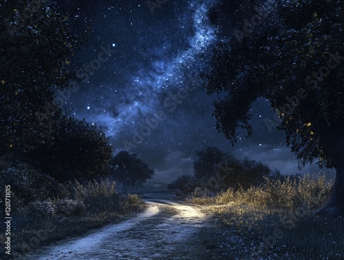 Starry Night Path: A Digital Painting of a Mystical Forest Trail