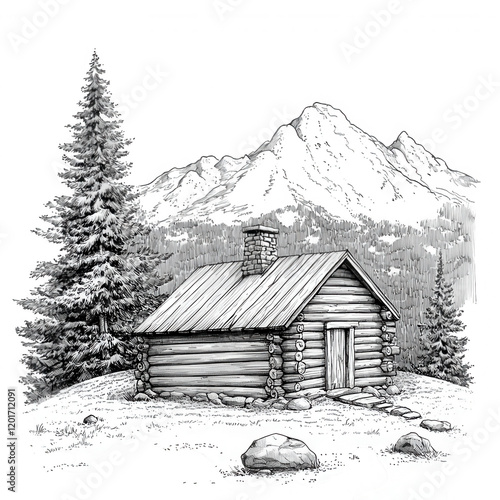 Wallpaper Mural A serene cabin nestled in the mountains surrounded by towering pine trees., isolated on a transparent background. Torontodigital.ca