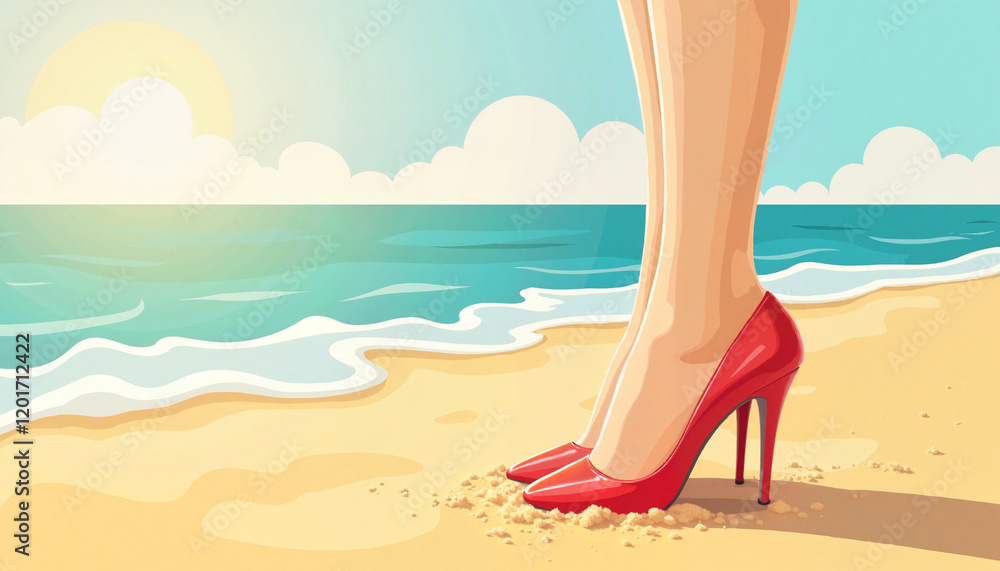 Woman in red high heels standing on sandy beach Woman in red high heels standing on sandy beach