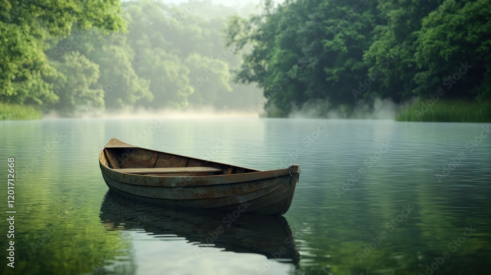 Serene Morning on the Lake: A Wooden Rowboat at Rest Serene Morning on the Lake: A Wooden Rowboat at Rest