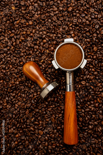 Portafilter and espresso tamper with coffee grinds on coffee beans 
