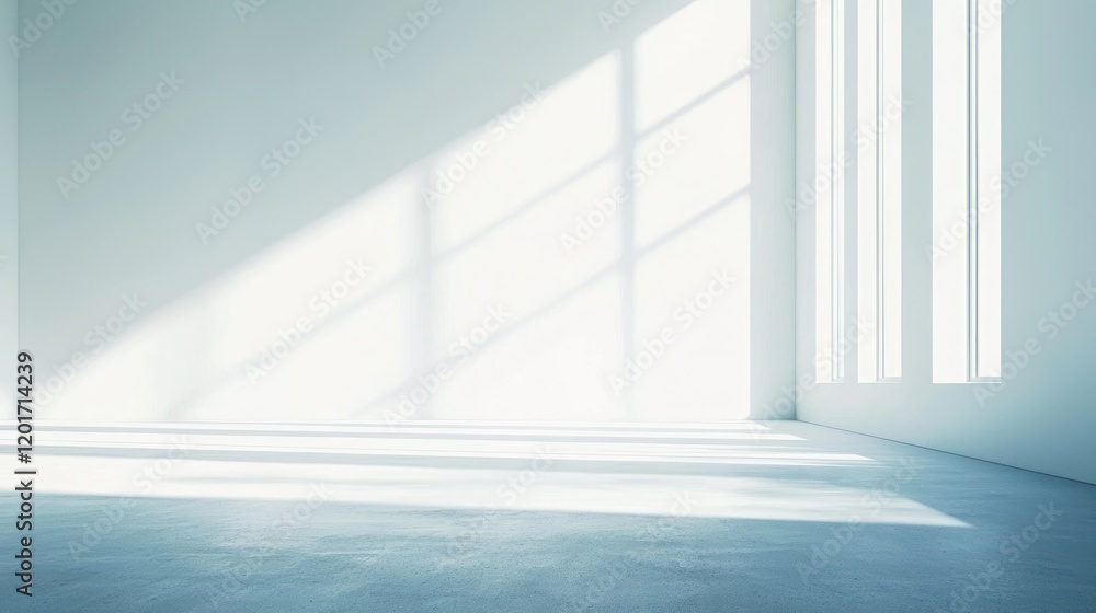 Fototapeta premium Sunlit Minimalist Room Interior Design: Empty Space with Bright Windows and Light Blue Tones