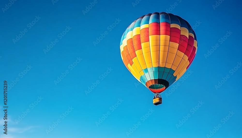 Naklejka premium Hot air balloon floating in a clear blue sky, adventure, travel, transportation, colorful, freedom, leisure, journey by air