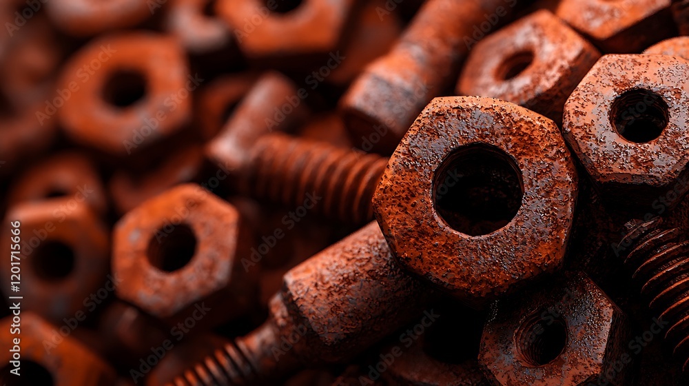 An ancient toolbox's rusted nuts and bolts up close, showing the oxidation-related deterioration An ancient toolbox's rusted nuts and bolts up close, showing the oxidation-related deterioration