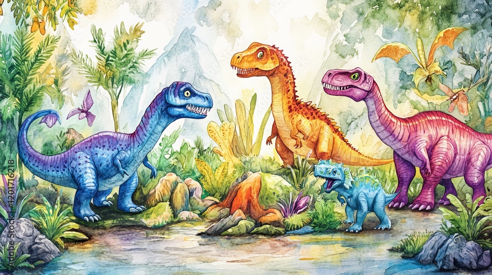 Vibrant watercolor illustrations featuring a playful ensemble of dinosaurs. Vibrant watercolor illustrations featuring a playful ensemble of dinosaurs.