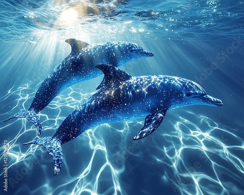 Two dolphins swimming in sunlit ocean water. (1) photo