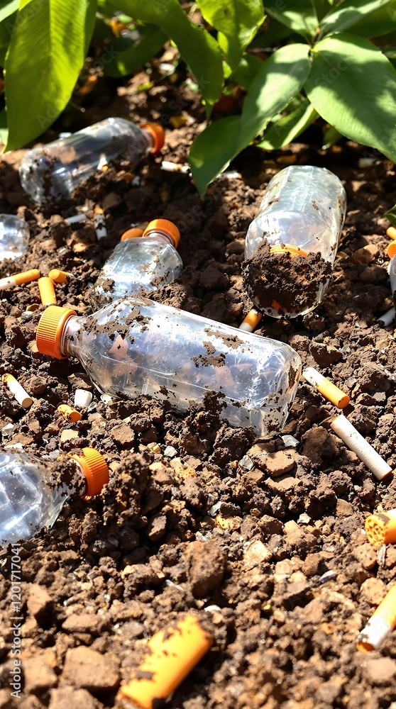 Obraz premium Soil underground pollution with cigarette butts and plastic waste, highlighting environmental degradation and the need for sustainable waste management to protect the planet