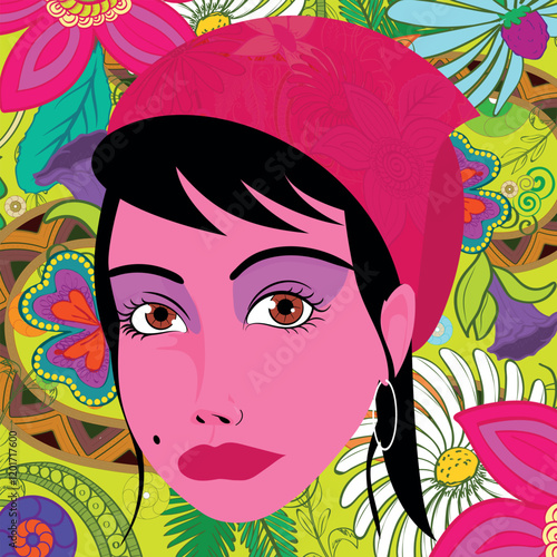 Rosto de Mulher cigana com lenço na cabeça - pop art com fundo floral