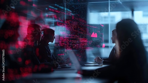 Team analyzes data on holographic screen; office background;  project meeting