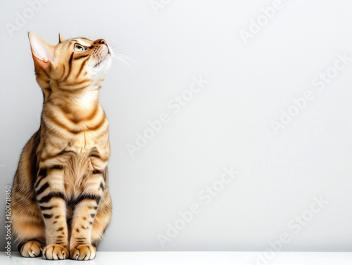 Bengal Cat Looking Up Against Minimalist White Background photo