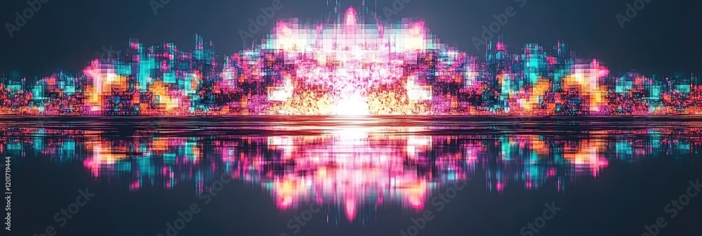 Obraz premium Neon city skyline reflection, futuristic, vibrant, digital art