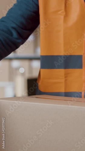 Warehouse worker sealing a box with tape