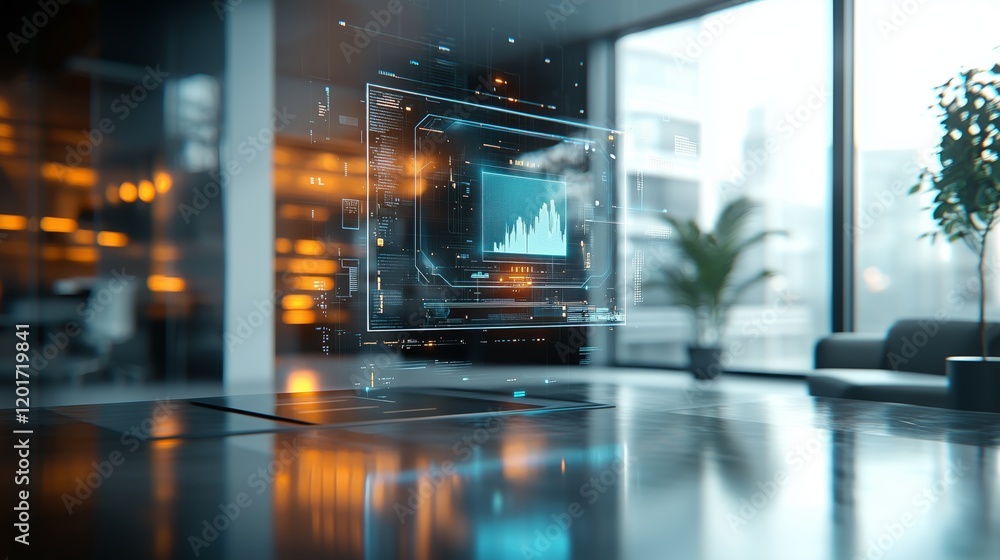 Fototapeta premium Holographic AI interface floating above a modern office desk, showcasing futuristic data visualization in a sleek corporate environment.