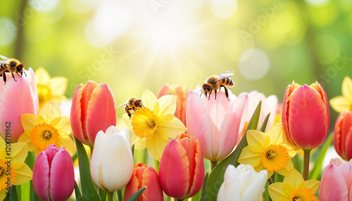 Bees collecting nectar on colorful tulips and daffodils