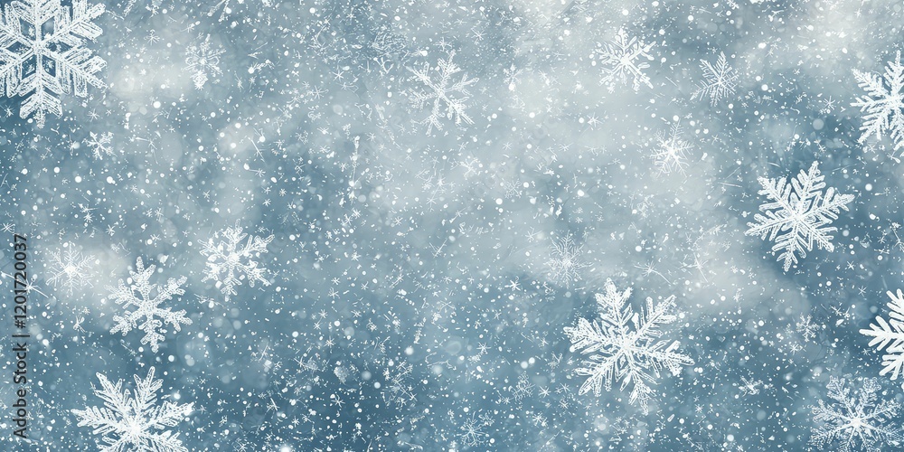 Close-up of snowflakes swirling in the air against a cold, gray sky. Close-up of snowflakes swirling in the air against a cold, gray sky.