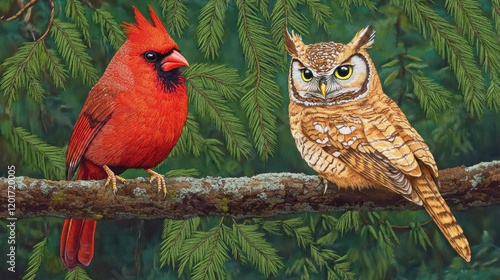 Colorful cardinal and owl perched on a branch amongst lush green pine trees. photo