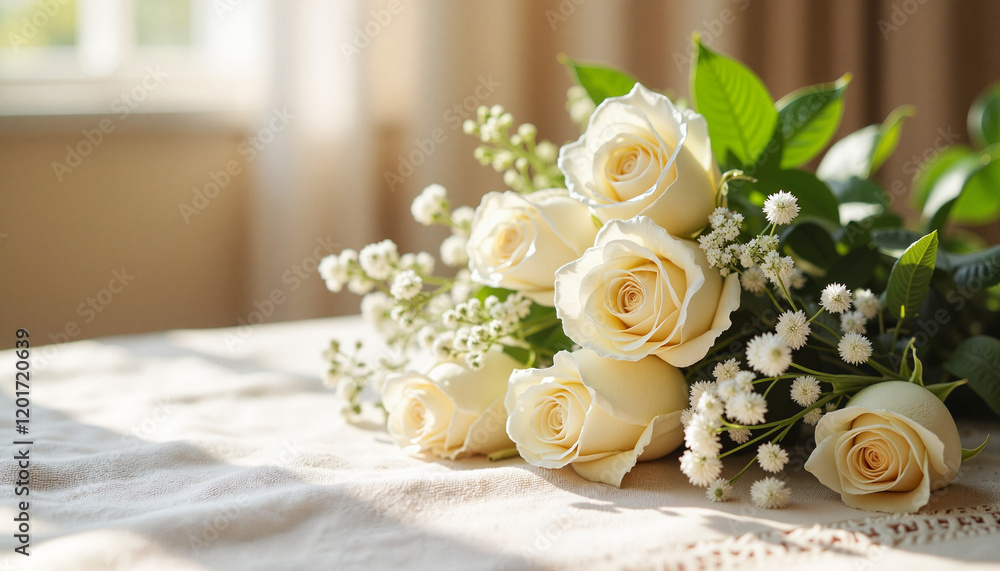 Bouquet of white roses with greenery on soft table