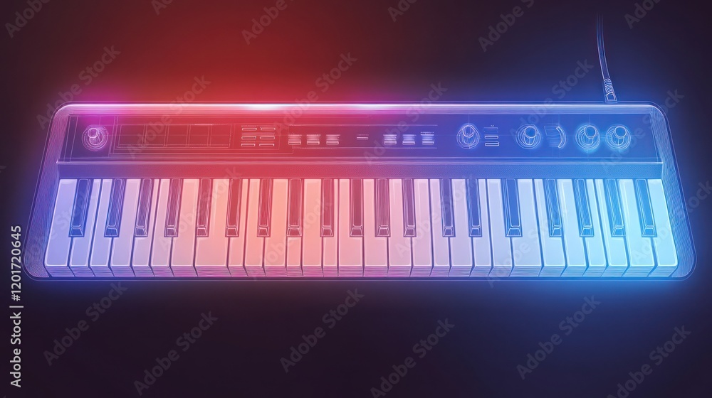 Neon synth keyboard with glowing keys and controls. Neon synth keyboard with glowing keys and controls.