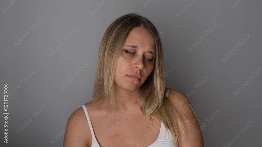 Young exhausted blonde woman bored and feeling lonely. Solitude, despair, apathy, depression, frustration, exhaustion, mental disorder, indifference. The girl feeling bad staring at one point Young exhausted blonde woman bored and feeling lonely. Solitude, despair, apathy, depression, frustration, exhaustion, mental disorder, indifference. The girl feeling bad staring at one point