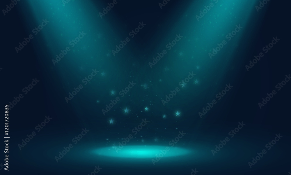 Fototapeta premium Blue Spotlight effect to illuminate the stage and objects with bright spotlight lighting with shimmering sparkles and stars on a black background.