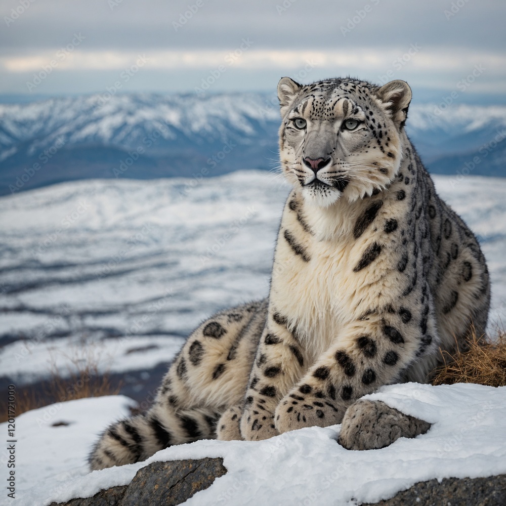 A snow leopard sitting on a hilltop with rolling snowy plains behind it. A snow leopard sitting on a hilltop with rolling snowy plains behind it.