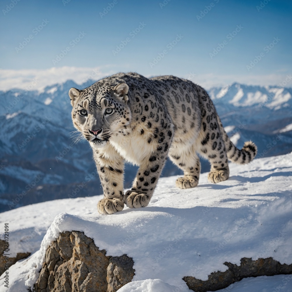 A snow leopard captured mid-leap over a snowy boulder in bright daylight. A snow leopard captured mid-leap over a snowy boulder in bright daylight.
