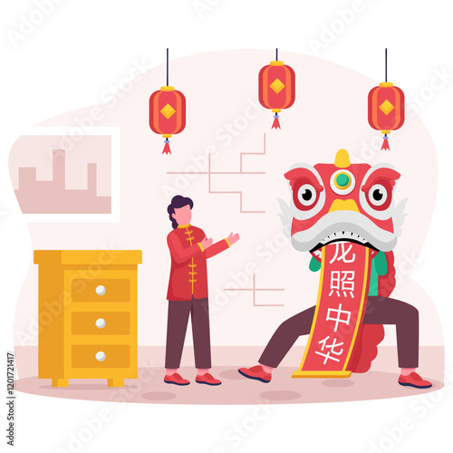 Ride the dragon dance rehearsal concept, dance trooper wearing Peking Opera Masks vector design, Chinese New Years Beginnings scene, Zodiac Wood Snake 2025 banner, China Spring Festival illustration