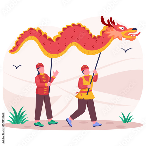 Legendary snake dance being performed concept, Cultural Performances limbless reptile vector design, Chinese New Years Beginnings scene Zodiac Wood Snake 2025 banner China Spring Festival illustration
