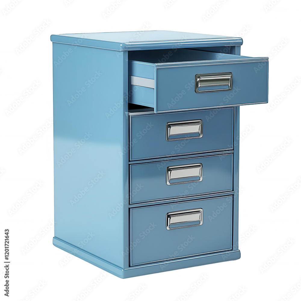 Modern blue filing cabinet with four drawers for organization and storage solutions., isolated on a transparent background. Modern blue filing cabinet with four drawers for organization and storage solutions., isolated on a transparent background.