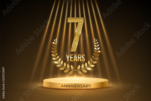 Anniversary gold award podium with glittering number 7. Seven years celebration birthday or jubilee golden vector background. Luxury stage with laurel wreath and glowing rays on black.