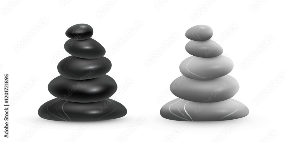 Stone balance towers vector illustration set for meditation, spa, relax. Black and gray stones pyramids. Abstract stacked pebbles isolated on transparent background. Stone balance towers vector illustration set for meditation, spa, relax. Black and gray stones pyramids. Abstract stacked pebbles isolated on transparent background.